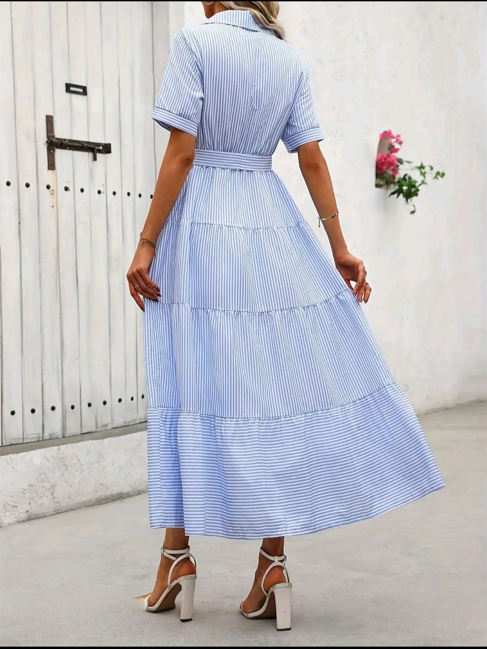 NWT Blue Striped Maxi Shirt Dress with Waist Tie - Picture 2 of 4